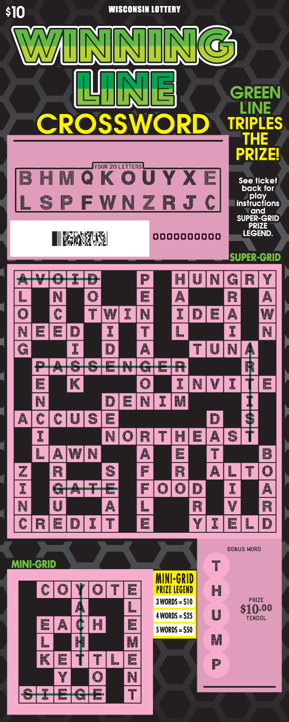 Winning Line Crossword Scratch Game black and grey honeycomb pattern background with two grey crossword puzzles and lime green lettering and yellow dollar sign icons on scratch game