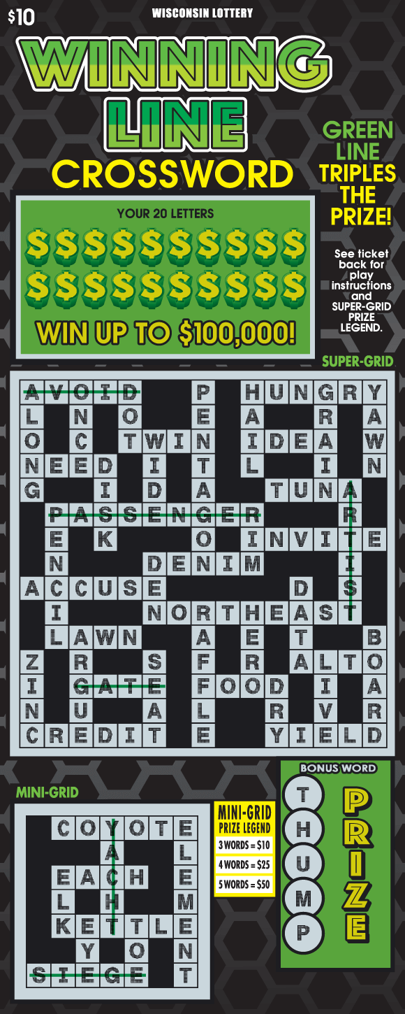 Winning Line Crossword Scratch Game black and grey honeycomb pattern background with two grey crossword puzzles and lime green lettering and yellow dollar sign icons on scratch game