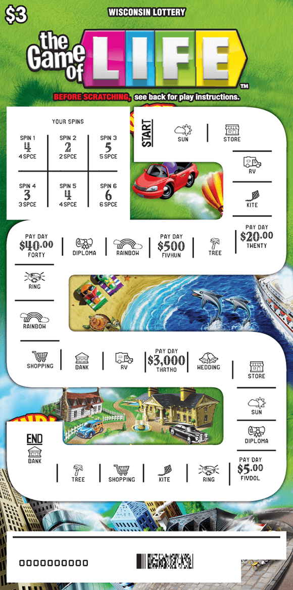 THE GAME OF LIFE TM Scratch Game colorful spinners and yellow board game with scenes of larges houses, boats, cars, vacation beaches on scratch game