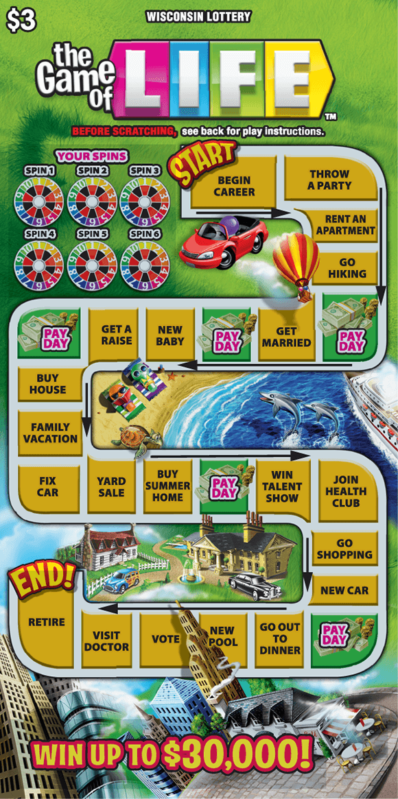THE GAME OF LIFE TM Scratch Game colorful spinners and yellow board game with scenes of larges houses, boats, cars, vacation beaches on scratch game