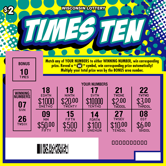 Times Ten Scratch Game comic looking white font outlined in green and blue on scratch game with green, blue and white halftone dot pattern over bright yellow background with dollar sign icons and stacks of money