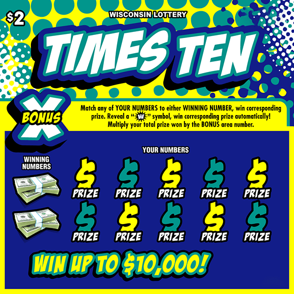 Times Ten Scratch Game comic looking white font outlined in green and blue on scratch game with green, blue and white halftone dot pattern over bright yellow background with dollar sign icons and stacks of money