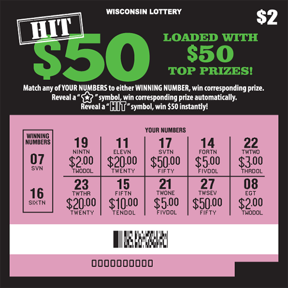 Hit $50 Scratch Game white and green lettering with green bags of money with green circles and white dollar symbols on black scratch game