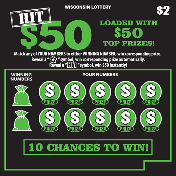 Hit $50 Scratch Game white and green lettering with green bags of money with green circles and white dollar symbols on black scratch game