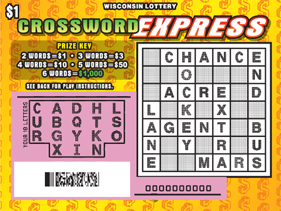Crossword Express Scratch Game green and white dollar sign icons next to lime green crossword puzzle on yellow gradient background with orange dollar signs