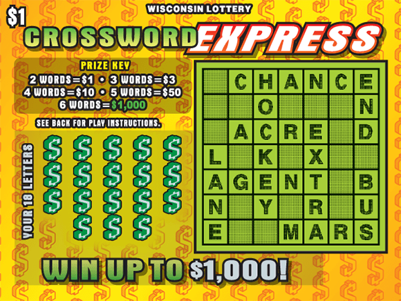 Crossword Express Scratch Game green and white dollar sign icons next to lime green crossword puzzle on yellow gradient background with orange dollar signs
