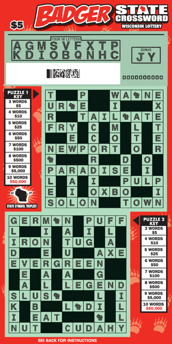 Badger State Crossword Scratch Game black and white crossword puzzles with light red badger footprints on bright red scratch ticket
