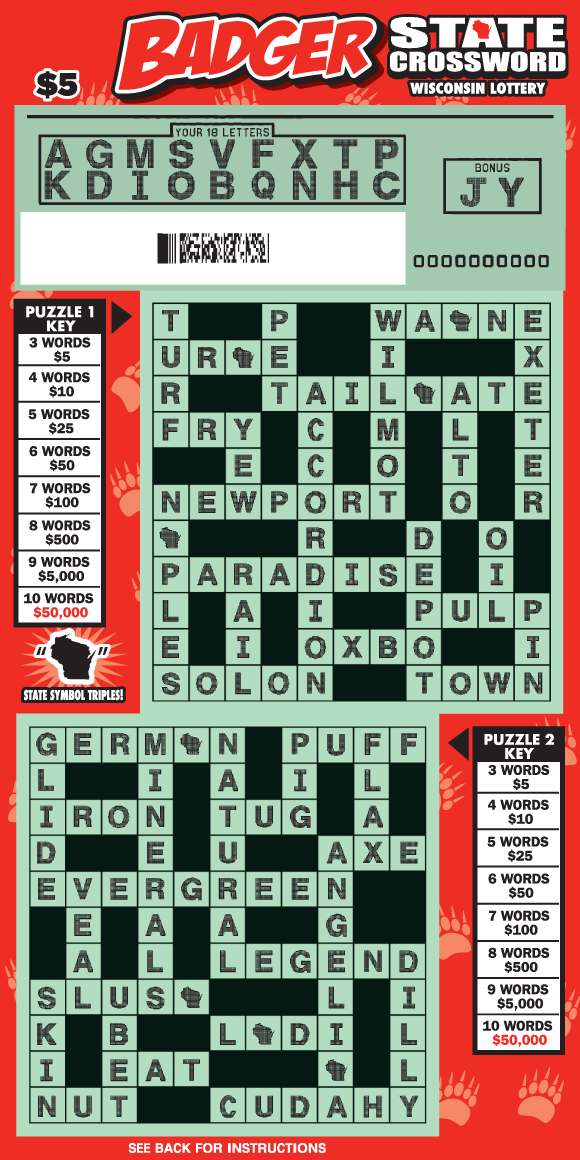 black and white crossword puzzles with light red badger footprints on bright red scratch ticket