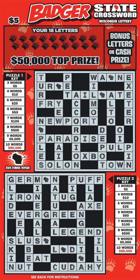black and white crossword puzzles with light red badger footprints on bright red scratch ticket