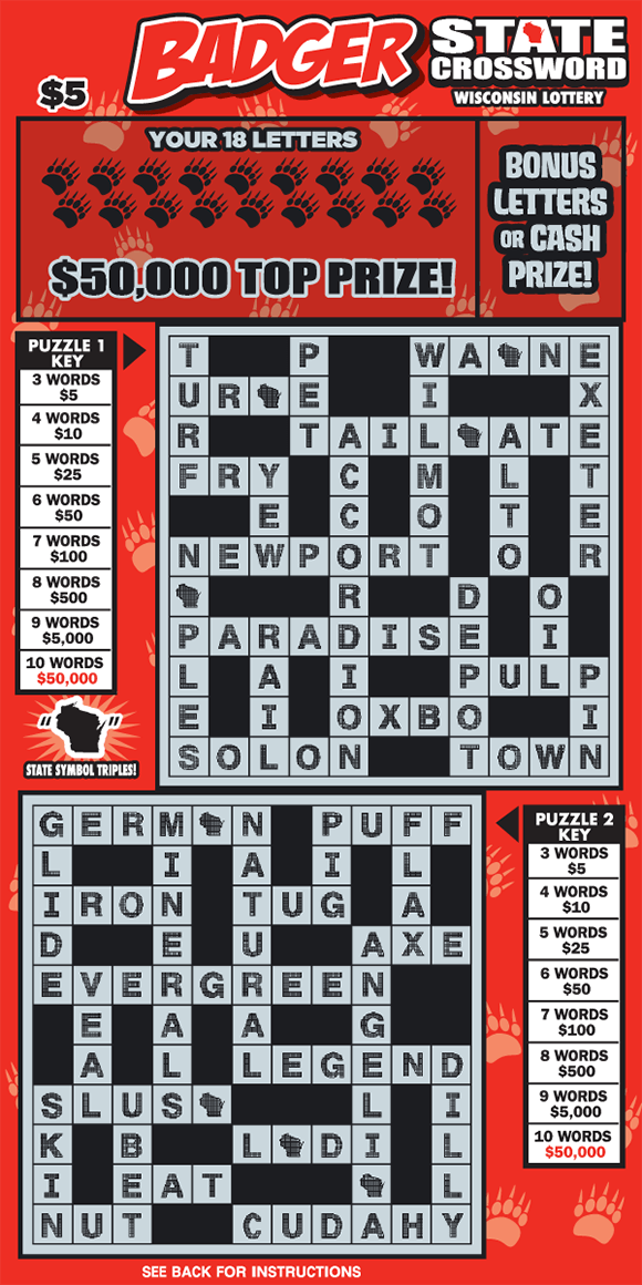 Badger State Crossword Scratch Game black and white crossword puzzles with light red badger footprints on bright red scratch ticket