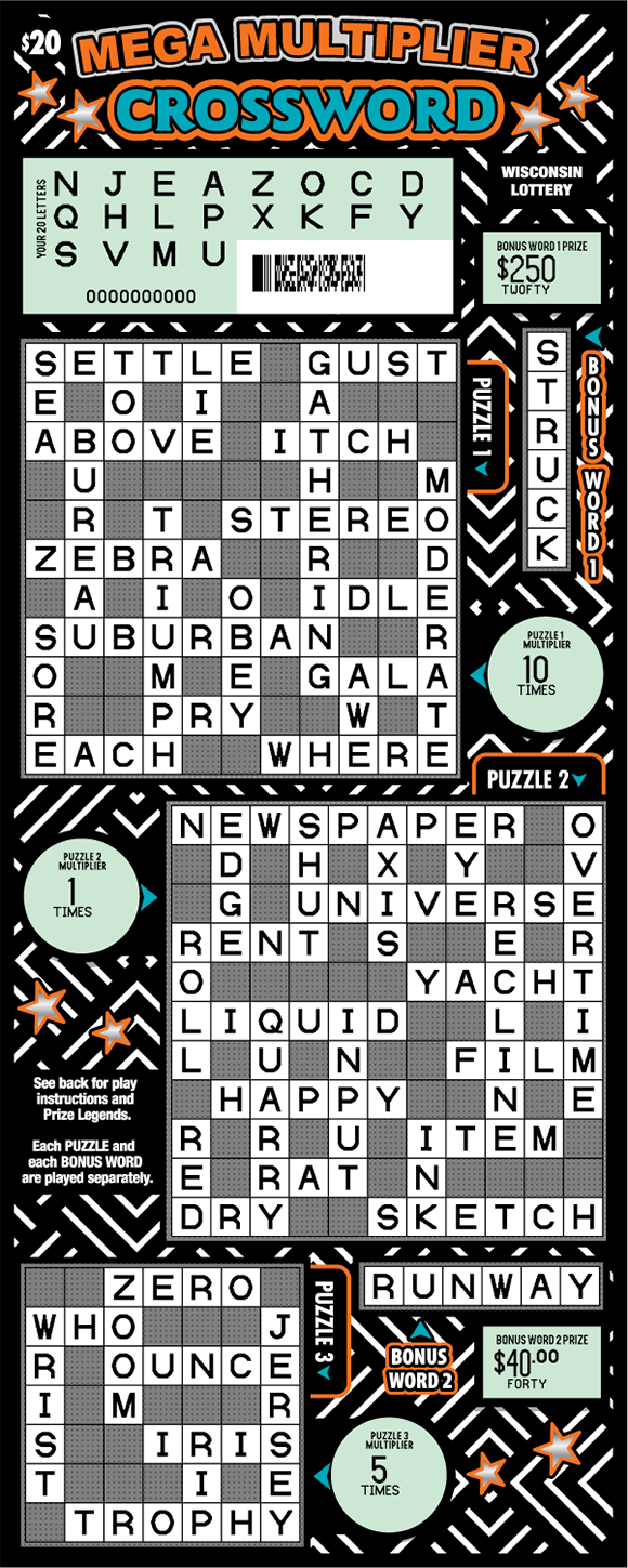 revealed white crossword puzzles on ticket with orange and teal bold text with white dollar symbols on black background with white stripes on scratch ticket