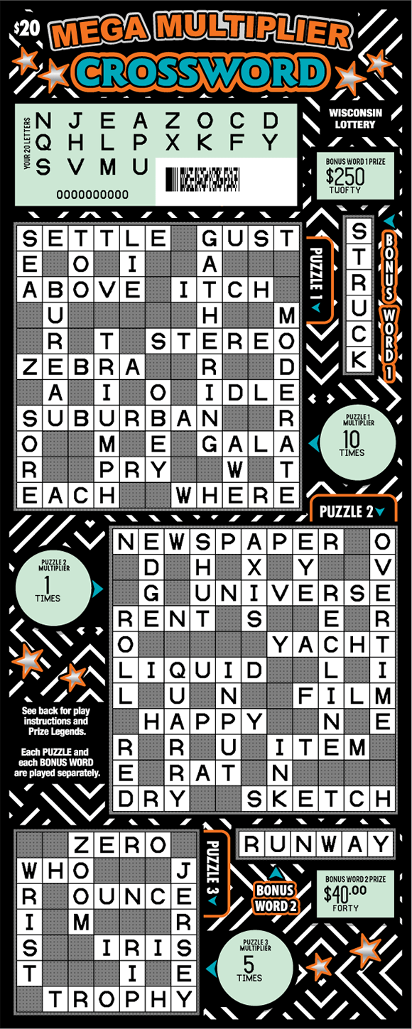 Mega Multiplier Crossword Scratch Game revealed white crossword puzzles on ticket with orange and teal bold text with white dollar symbols on black background with white stripes on scratch ticket