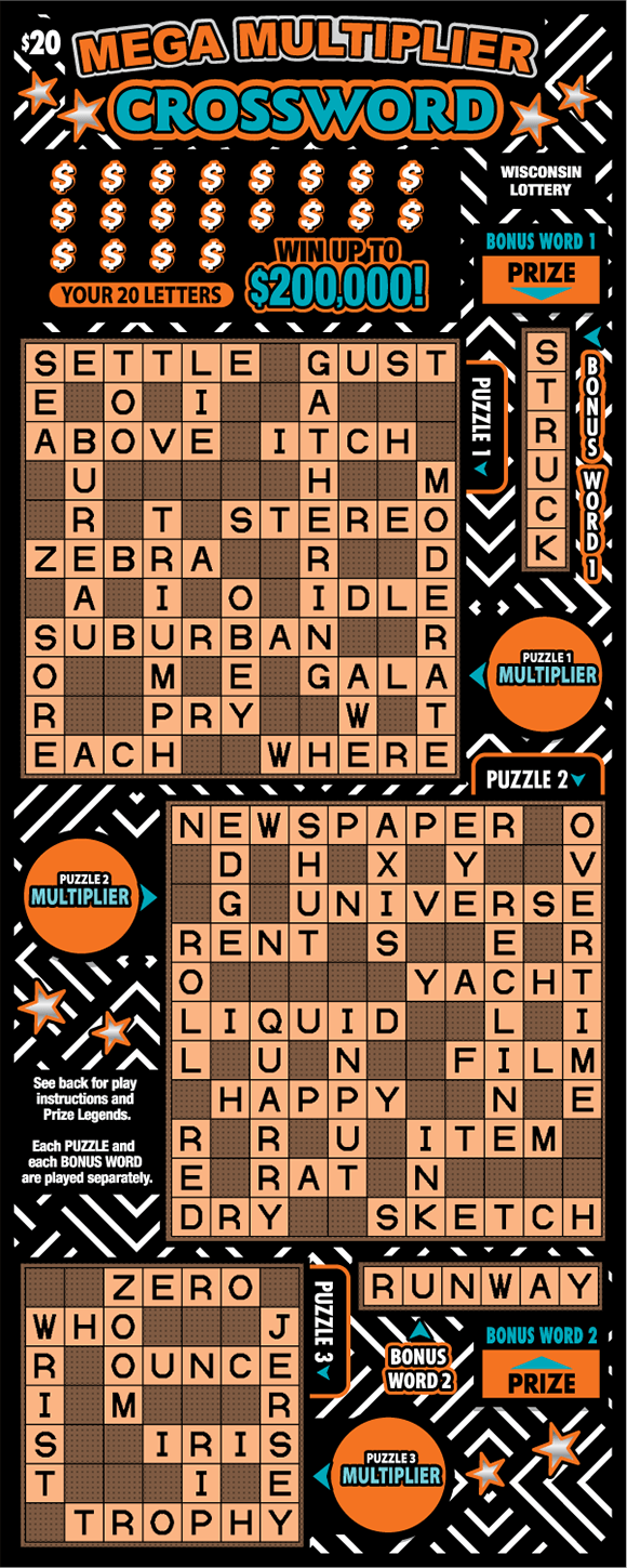 Mega Multiplier Crossword Scratch Game orange crossword puzzles on ticket with orange and teal bold text with white dollar symbols on black background with white stripes on scratch ticket