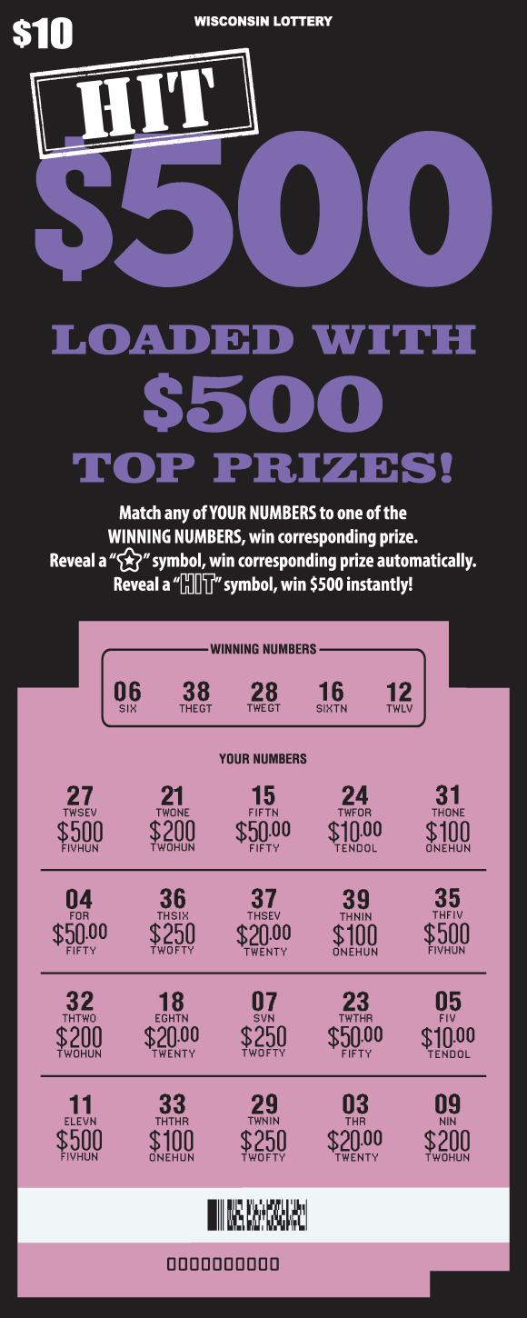 Hit $500 Scratch Game white and purple lettering with purple bags of money with purple circles and white dollar symbols on black scratch game
