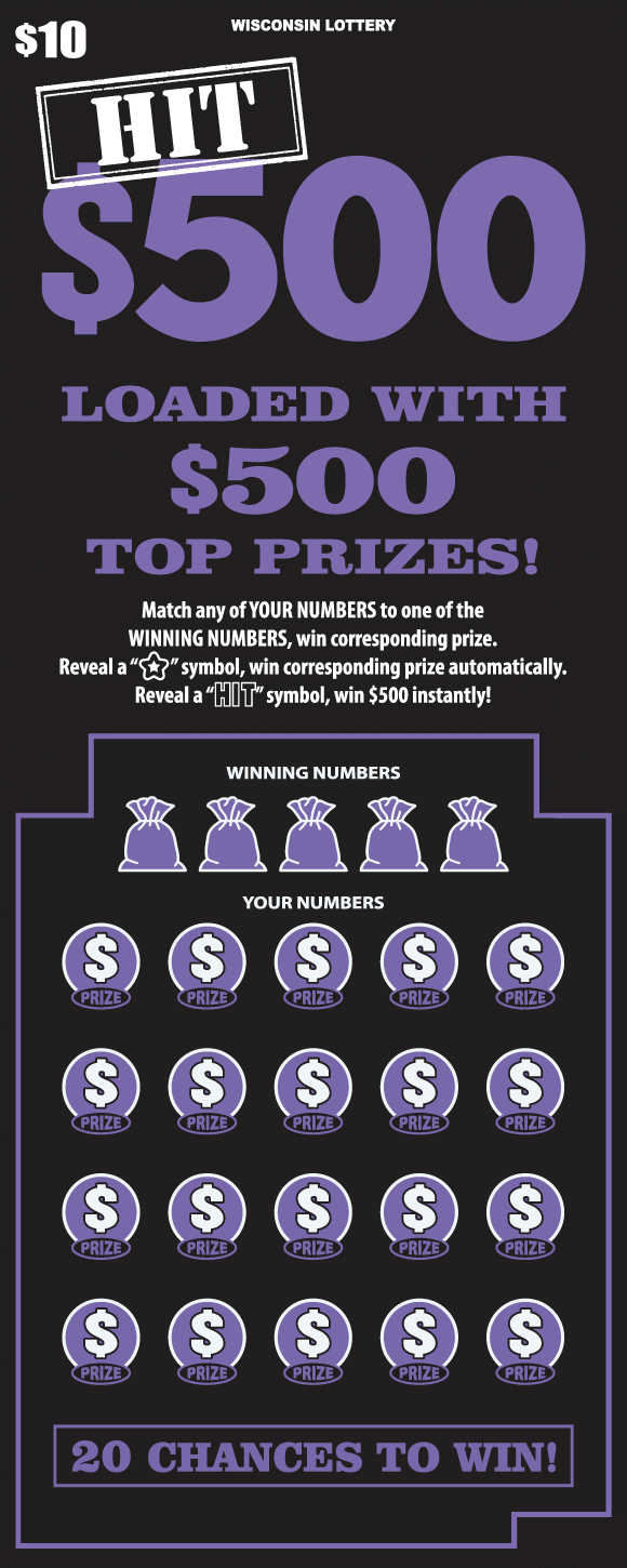Hit $500 Scratch Game white and purple lettering with purple bags of money with purple circles and white dollar symbols on black scratch game
