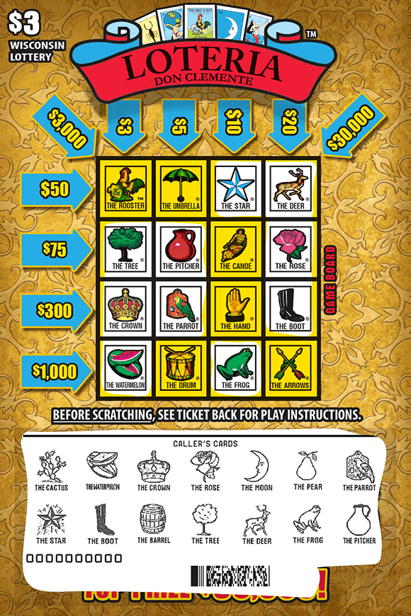 Loteria™ Scratch Game bright red ribbon with black lettering including colorful crown, tree, rooster, parrot and drum icons on ornate gold pattern background scratch game