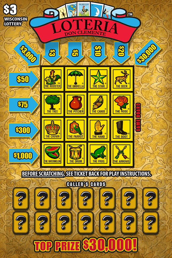 Loteria™ Scratch Game bright red ribbon with black lettering including colorful crown, tree, rooster, parrot and drum icons on ornate gold pattern background scratch game