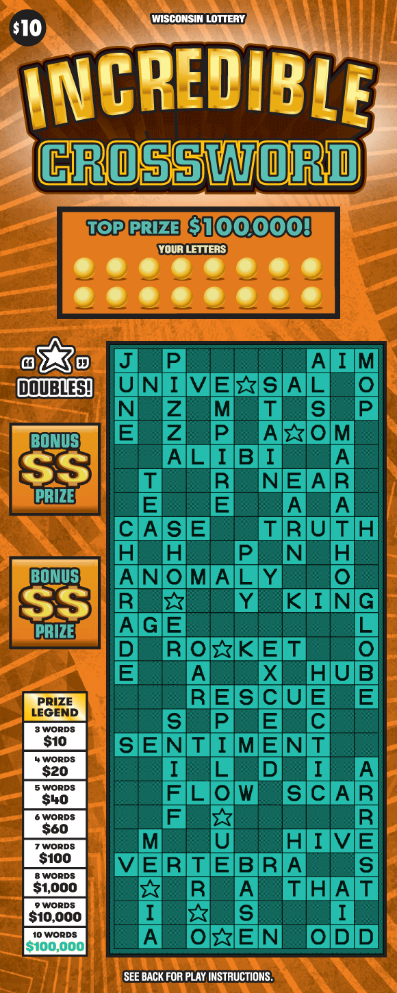 gold and teal 3d lettering with tall teal crossword puzzle on background with bright orange angled lines on darker orange scratch game