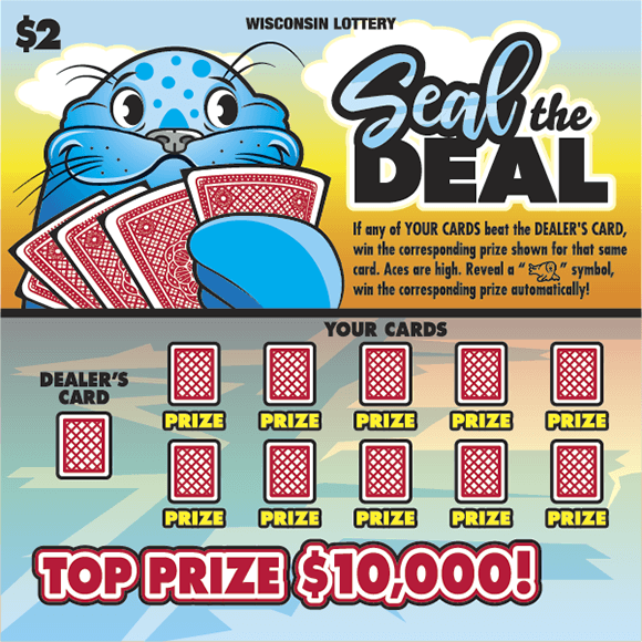 blue seal holding red playing cards on sunrise beach background with red playing card icons on scratch game