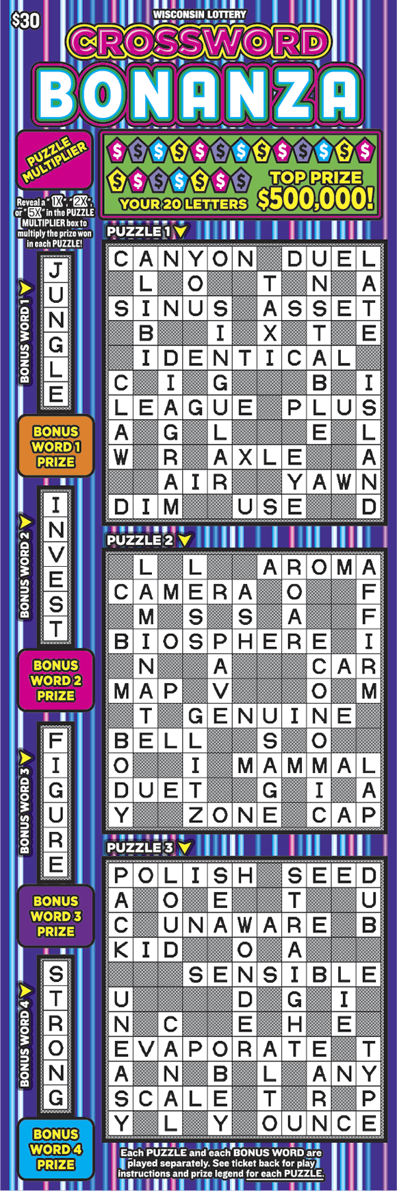 two pink and one green crossword game on purple, blue and pink stripped background on scratch game