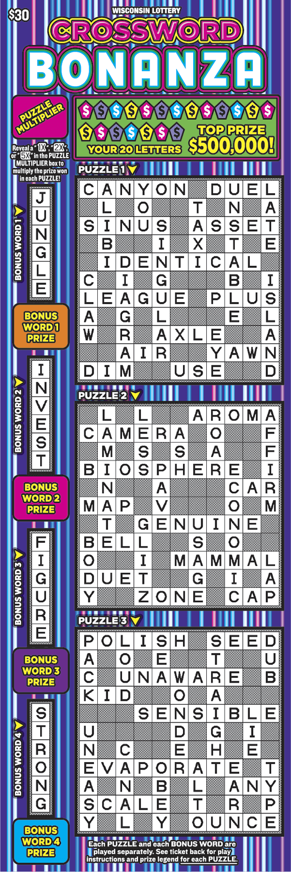 Crossword Bonanza Scratch Game two pink and one green crossword game on purple, blue and pink stripped background on scratch game