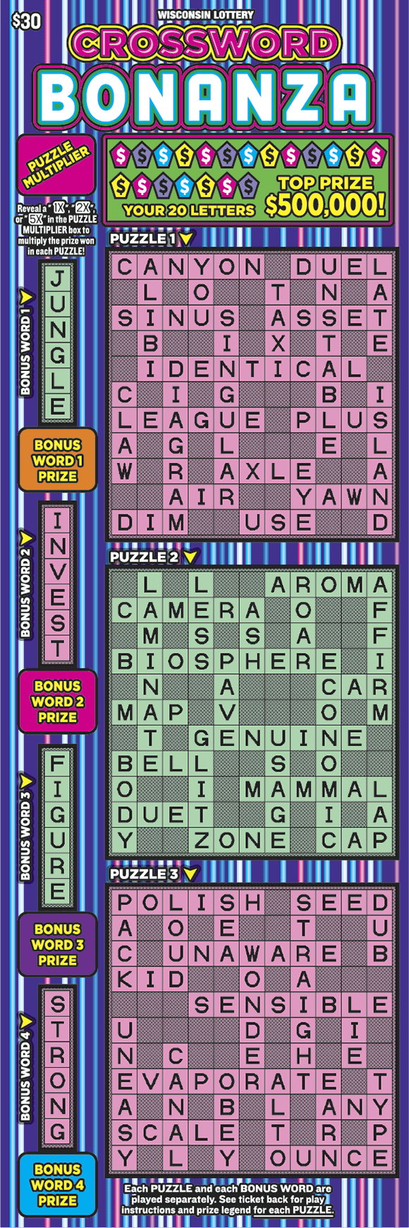 Crossword Bonanza Scratch Game two pink and one green crossword game on purple, blue and pink stripped background on scratch game
