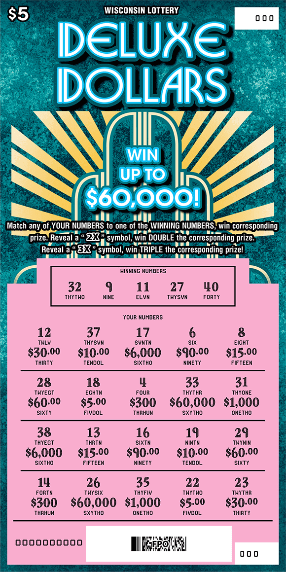 Deluxe Dollars Scratch Game black dollar signs in light blue ornate badge icons with art deco style font and gold lines on teal grunge background of scratch game