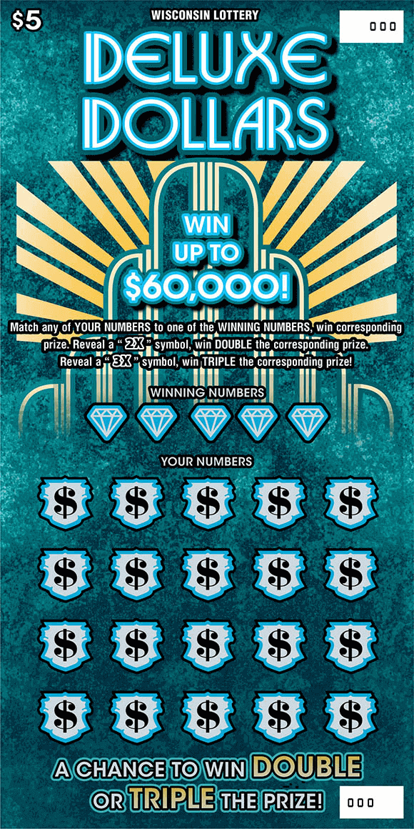 Deluxe Dollars Scratch Game black dollar signs in light blue ornate badge icons with art deco style font and gold lines on teal grunge background of scratch game