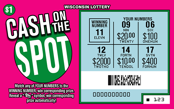 Cash On the Spot Scratch Game green and white dots in assorted sizes on bright pink scratch ticket with white text outlined in black