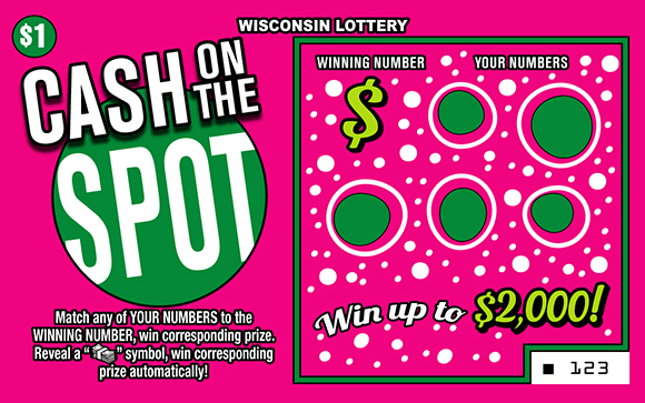Cash On the Spot Scratch Game green and white dots in assorted sizes on bright pink scratch ticket with white text outlined in black