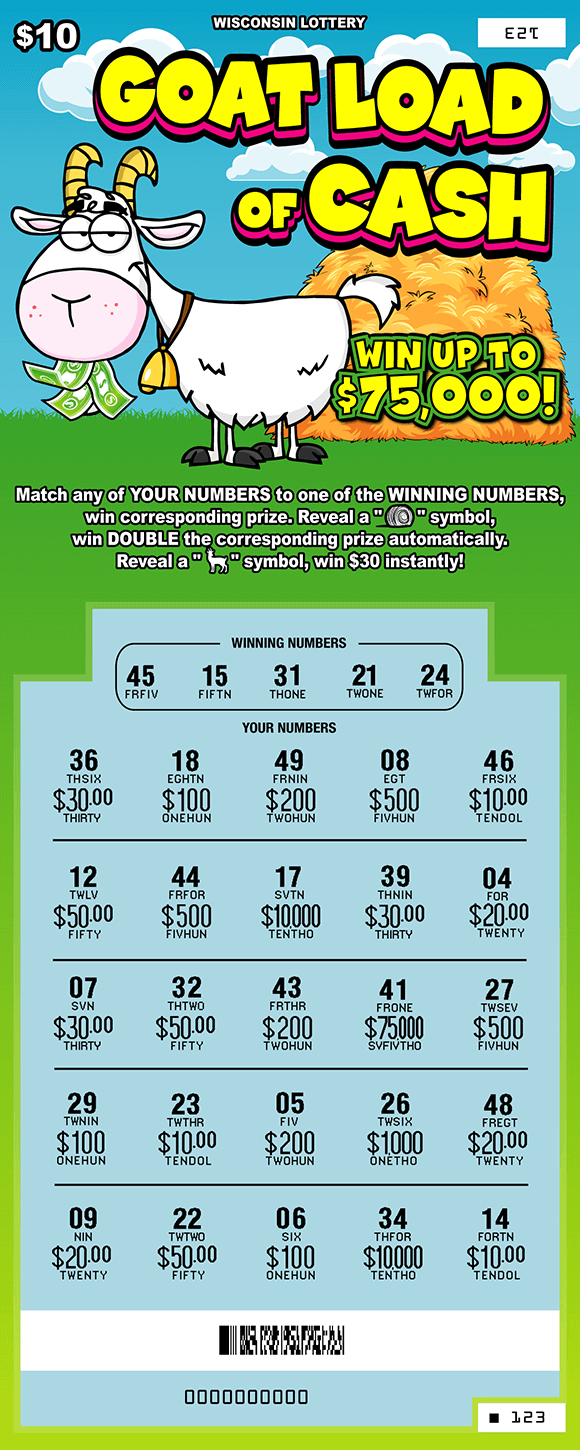 Goat Load of Cash Scratch Game white goat standing on grass in front of hay stack chewing on green dollar bills with red barn icons and bold yellow letters outlined in red and black on scratch ticket