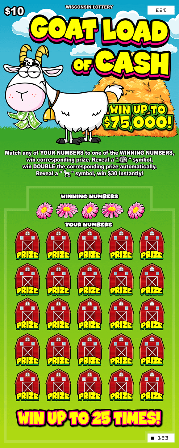 Goat Load of Cash Scratch Game white goat standing on grass in front of hay stack chewing on green dollar bills with red barn icons and bold yellow letters outlined in red and black on scratch ticket