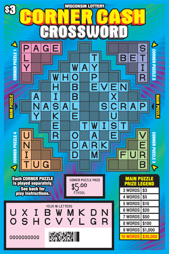 colorful red, orange, green, blue and purple crossword puzzle with corners broken up into different puzzles and yellow star icons on teal background with purple lines and yellow block text outlined in red on scratch ticket