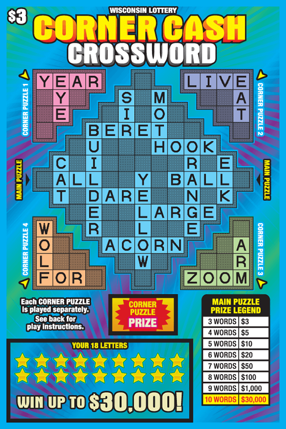 colorful red, orange, green, blue and purple crossword puzzle with corners broken up into different puzzles and yellow star icons on teal background with purple lines and yellow block text outlined in red on scratch ticket