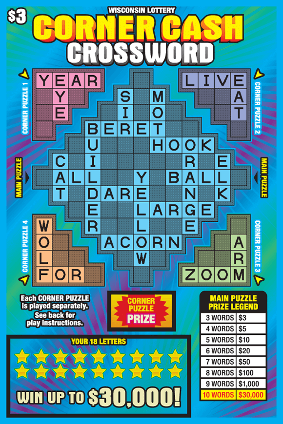 Corner Cash Crossword Scratch Game colorful red, orange, green, blue and purple crossword puzzle with corners broken up into different puzzles and yellow star icons on teal background with purple lines and yellow block text outlined in red on scratch ticket