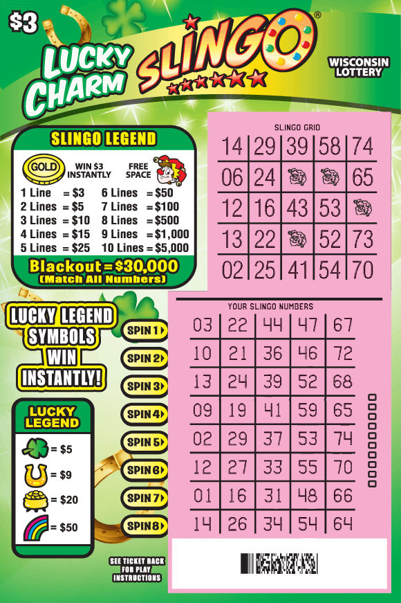 Lucky Charm SLINGO® Scratch Game colorful fruit icons along with shamrock, horseshoe, pot of gold and rainbow on green gradient background scratch game with green clovers and gold horseshoes