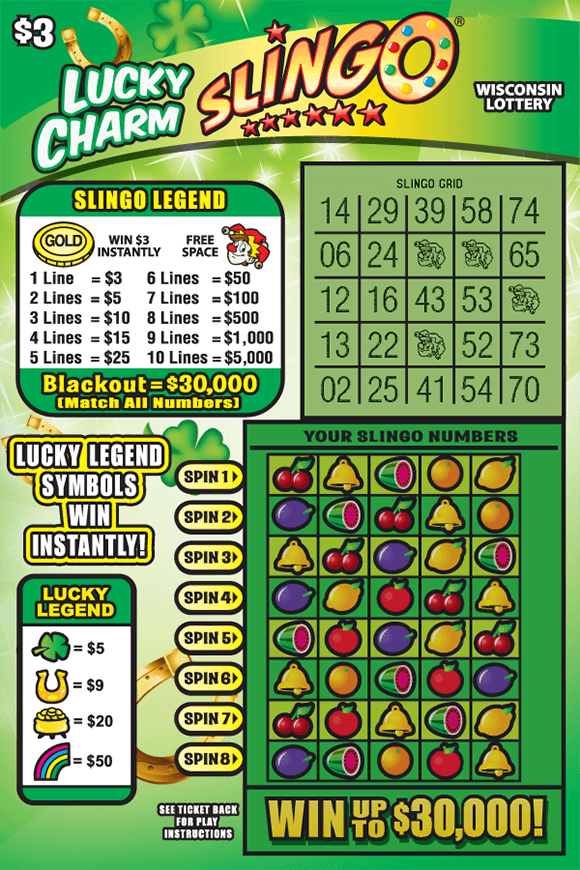 Lucky Charm SLINGO® Scratch Game colorful fruit icons along with shamrock, horseshoe, pot of gold and rainbow on green gradient background scratch game with green clovers and gold horseshoes