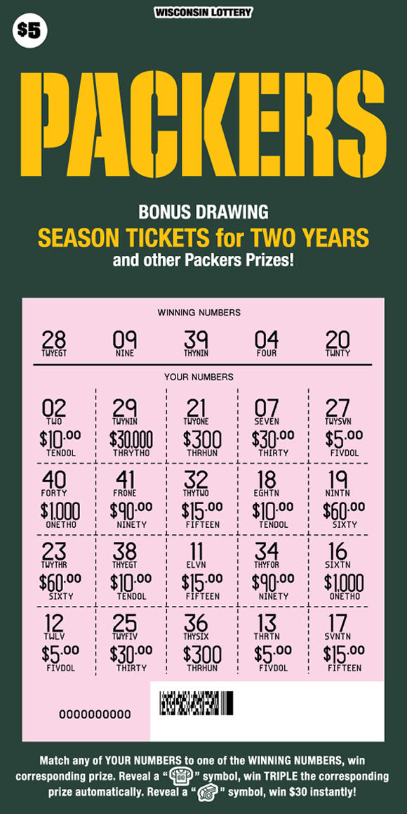 Packers Scratch Game pink scratched off play section on dark green background with Packers logo in bold gold lettering on scratch game