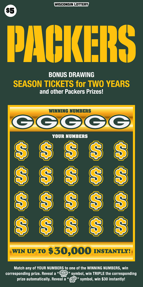 Packers Scratch Game icons of gold dollar signs and white packers logos on dark green background with bold gold lettering on scratch game