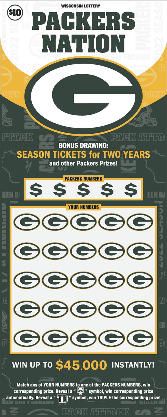 Packers Nation Scratch Game icons of dark green dollar signs and packers "g" logos outlined in gold on green gold and white background with lightly colored assorted helmets, packers logo and pack attack phrase on