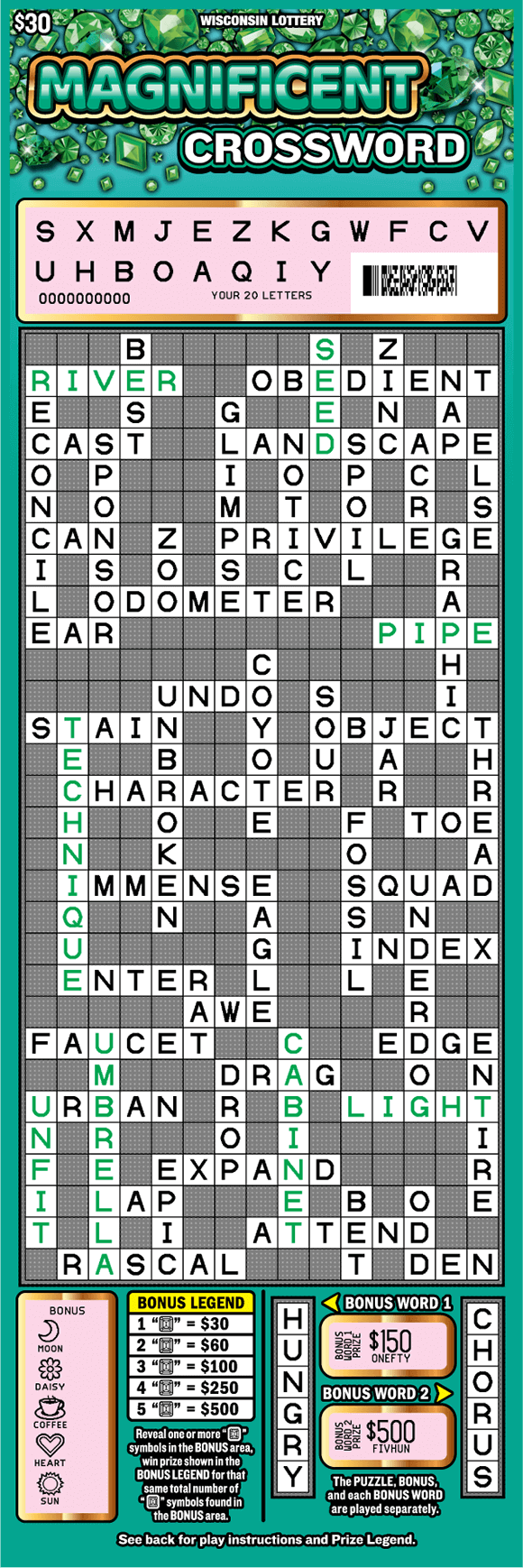 assortment of green jewels on teal background with tall scratched white crossword puzzle and icons of golden pots filled with green gems on scratch ticket