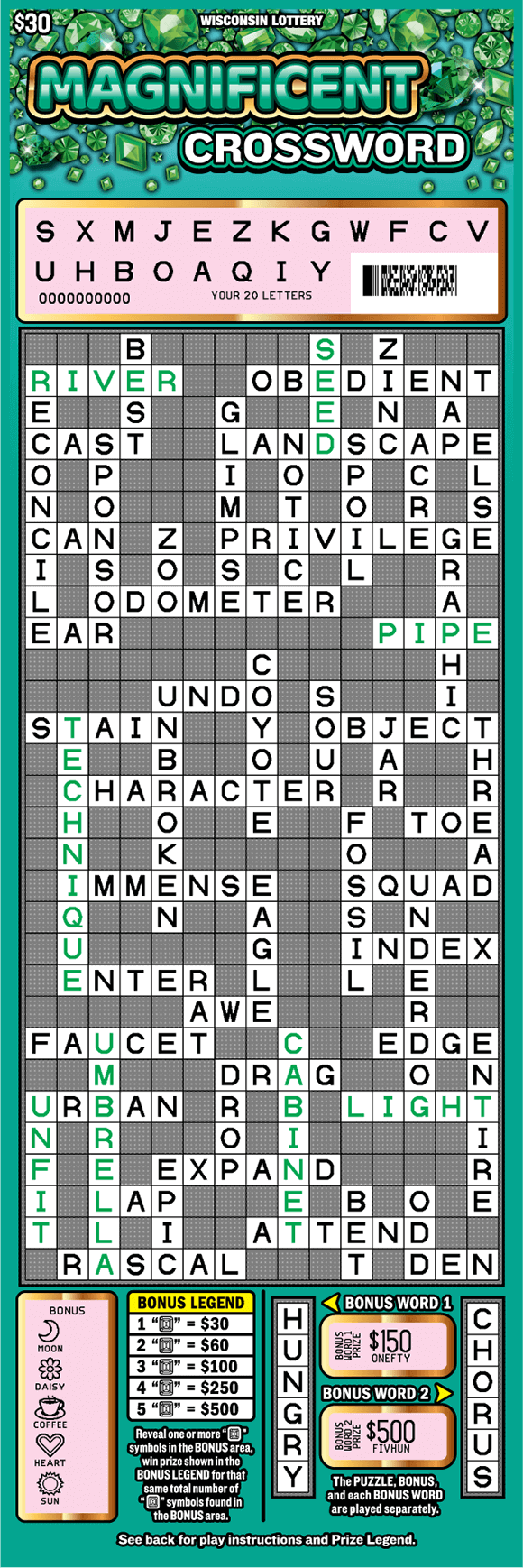 Magnificent Crossword Scratch Game assortment of green jewels on teal background with tall scratched white crossword puzzle and icons of golden pots filled with green gems on scratch ticket