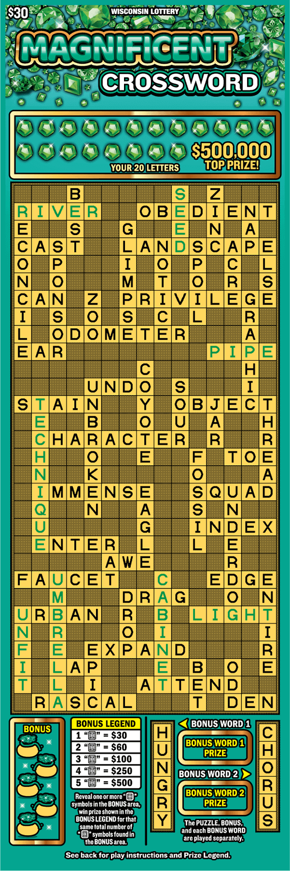 assortment of green jewels on teal background with tall yellow crossword puzzle and icons of golden pots filled with green gems on scratch ticket