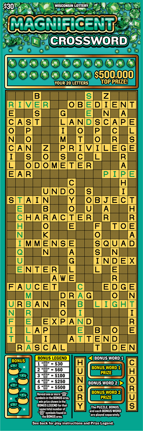 Magnificent Crossword Scratch Game assortment of green jewels on teal background with tall yellow crossword puzzle and icons of golden pots filled with green gems on scratch ticket