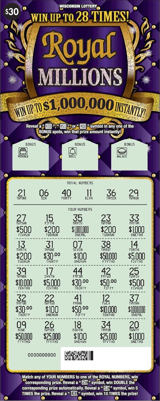 Royal Millions Scratch Game green scratched play area with gold script lettering in gold crest on dark purple diamond pattern background on scratch game
