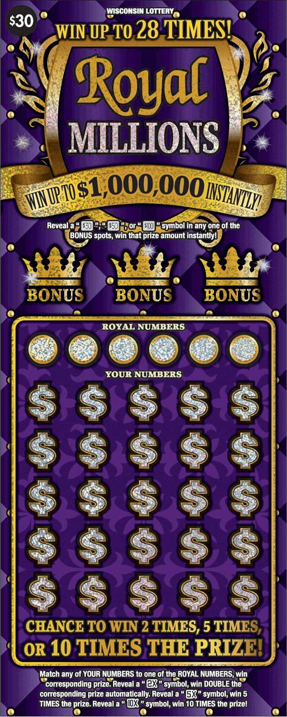 Royal Millions Scratch Game icons of gold crowns and silver glitter dollar signs outlined in gold with gold script lettering in gold crest on dark purple diamond pattern background on scratch game