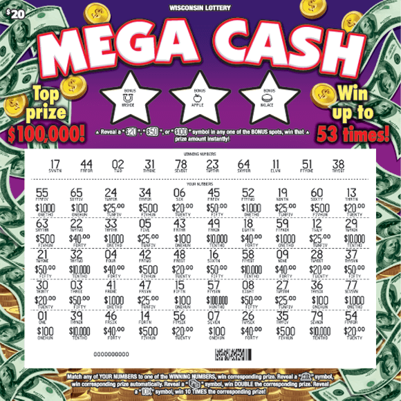 Mega Cash Scratch Game big bold white letters outlined in red with white scratched play area on purple background with falling dollar bills on scratch game