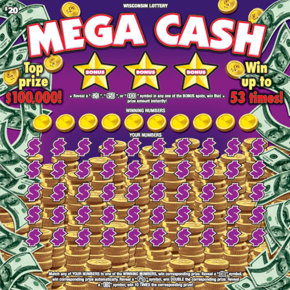 Mega Cash Scratch Game big bold white letters outlined in red with purple dollar signs icons and big gold stars on purple background with falling dollar bills on scratch game