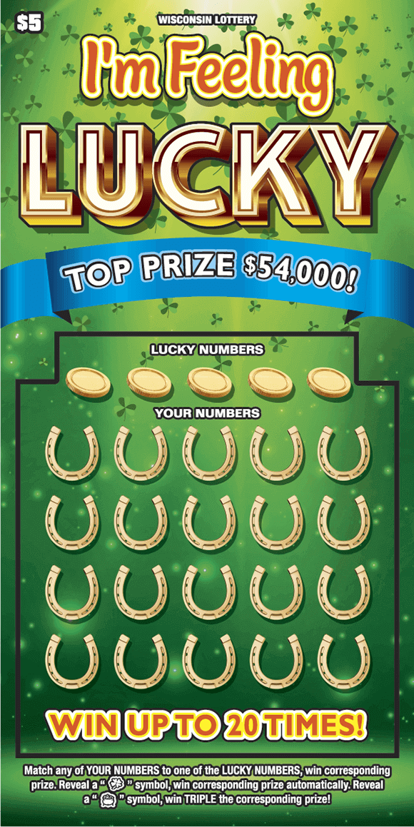 I'm Feeling Lucky Scratch Game icons of gold horseshoes and gold coins on green gradient background with green shamrocks on scratch game