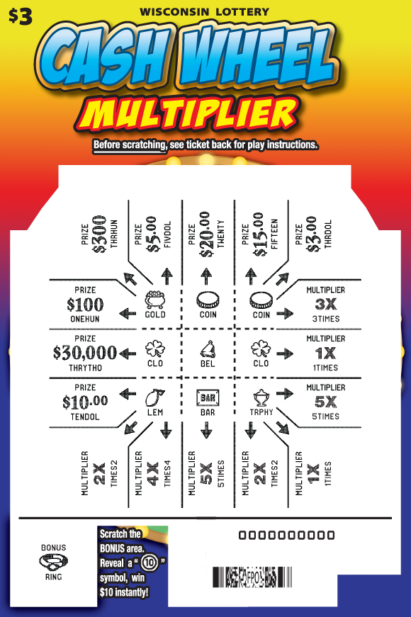 Cash Wheel Multiplier Scratch Game white scratched play area on rainbow gradient background with blue and yellow comic style lettering on scratch game